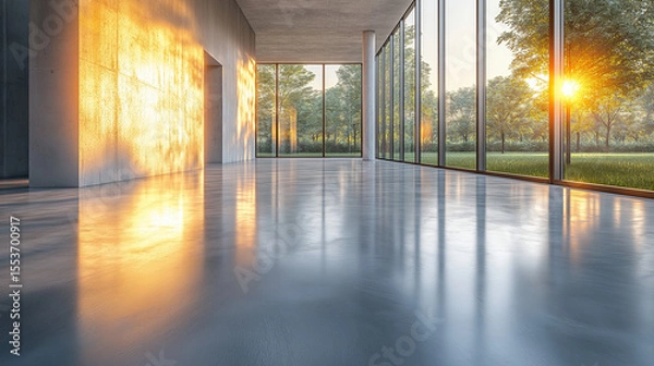 Obraz AI generator image of Spacious industrial interior with sunset reflections on the floor. Bright and spacious interior with large windows at sunset casting shadows on smooth floor, Sunlight streams