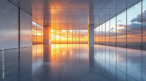 Obraz AI generator image of Spacious industrial interior with sunset reflections on the floor. Bright and spacious interior with large windows at sunset casting shadows on smooth floor, Sunlight streams
