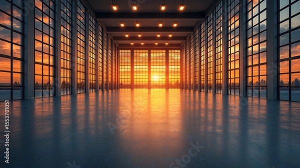 Obraz AI generator image of Spacious industrial interior with sunset reflections on the floor. Bright and spacious interior with large windows at sunset casting shadows on smooth floor, Sunlight streams