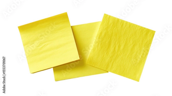 Fototapeta Three bright yellow sticky notes arranged in a casual overlapping pattern isolated on transparent background