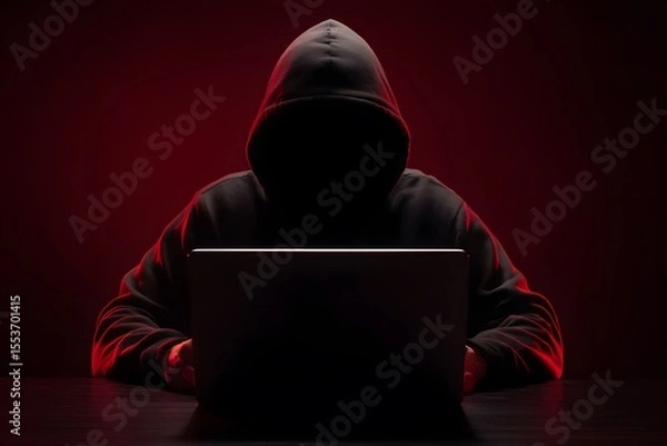 Obraz Person in dark hooded sweatshirt using laptop in a dimly lit room with red lighting effect