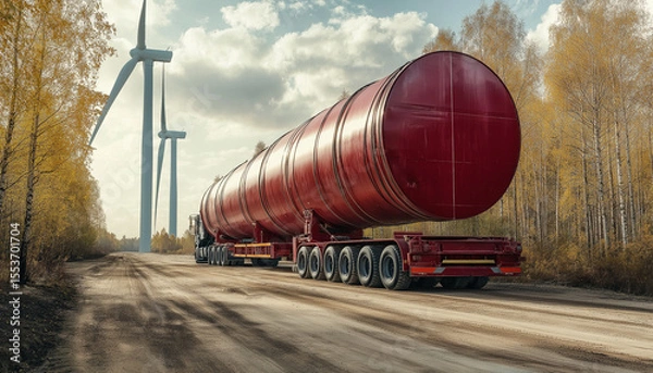 Obraz AI generator images of trucks used to transport goods on roads that are charged while driving on the road, using wind turbines to generate electricity, Electric vehicle