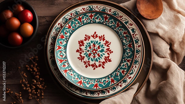 Obraz AI generator image of ceramic plate Antique decorative plate with patterns and ornaments.