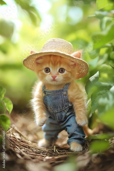 Obraz AI generator image of kitten wearing a denim outfit, kitten cat wearing a denim overalls shirt