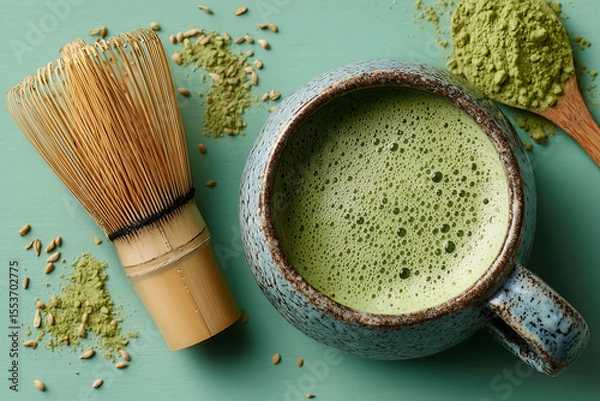 Fototapeta top view of a ceramic cup filled with frothy matcha latte next to bamboo whisk and green matcha powder on pastel background showcasing traditional tea preparation and natural ingredients