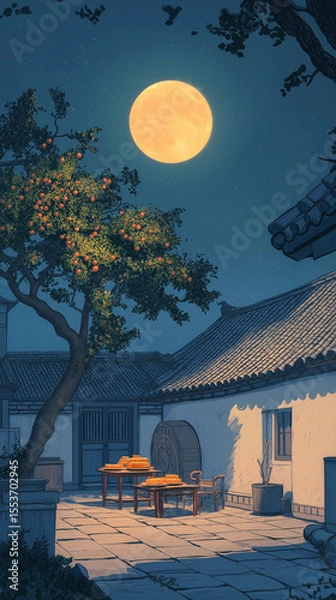 Obraz AI generator image of Night Sky Dreams Street painting with houses and trees in the rain, When the moon lights your path and the city whispers stories beneath its glow, this is where magic feels real.