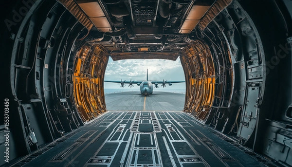 Obraz AI generator image of A view from inside the open cabin of a transport plane, showing another plane in close range. View from the cargo bay of a military aircraft, showcasing the empty interior 