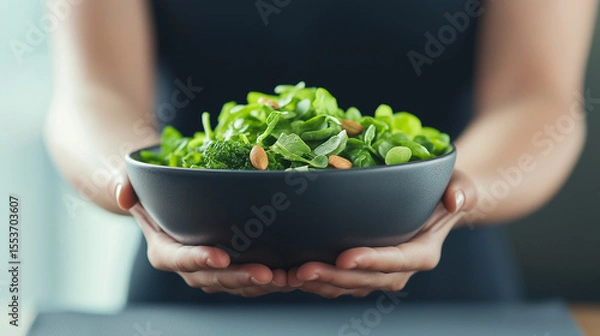 Obraz AI generator image of Fresh vegetable bowl made of wood, natural product, concept of reducing plastic use to reduce microplastics, Fresh green vegetable in bowl on wooden table. vegetable in vitamins 