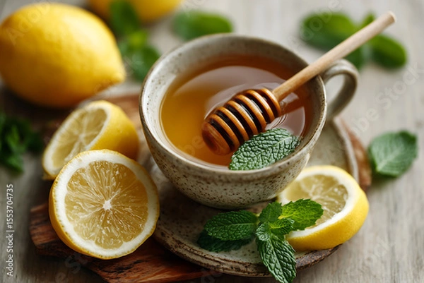 Fototapeta top view of a cup of herbal tea with fresh mint lemon slices and honey on rustic wooden surface showing healthy soothing ingredients for wellness drinks natural remedies and relaxation