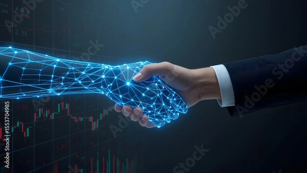 Fototapeta Futuristic AI and Human Handshake over Digital Stock Market Graph with Neon Light Effects and Minimalist Dark Background