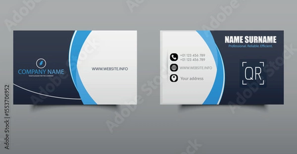 Obraz Visiting card. Modern Corporate Business Card Templat. Professional business card template featuring a clean layout with blue accents, QR code, and contact icons. Ideal for corporate branding.