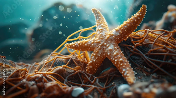 Fototapeta Starfish Caught in a Discarded Fishing Net on a Sandy Seafloor in Natural Lighting