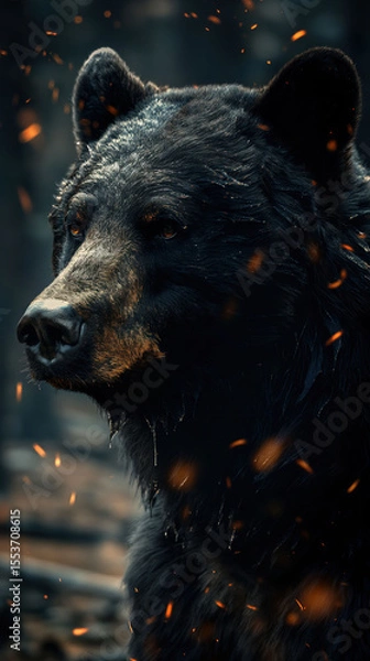 Fototapeta California Black Bear Portrait With Glowing Embers in a Minimalistic Wildfire Forest Setting