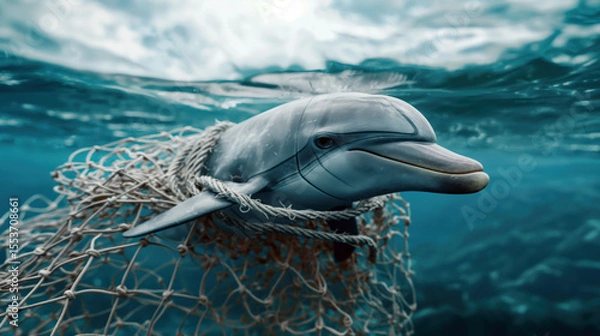 Fototapeta Dolphin Entangled in Netting Swims Through Pristine Ocean Waters in a Photorealistic Depiction of Marine Life