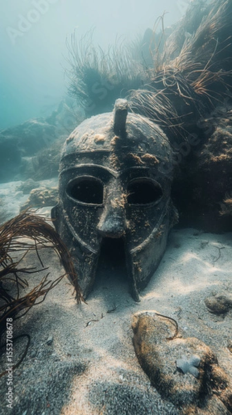 Fototapeta Sunken Ancient Helmet Rests on Soft Sand Amidst Seaweed in a Clear Underwater Setting, Showcasing Minimalist Elegance and History