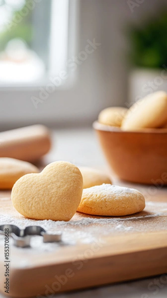 Fototapeta Heart-shaped Cookies on Rustic Wooden Surface Surrounded by Flour and Baking Tools in Soft Natural Light