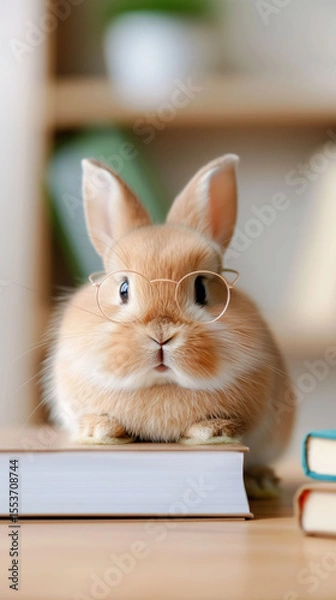 Fototapeta Fluffy Bunny With Glasses Next to Textbooks in a Cozy Classroom Study Area