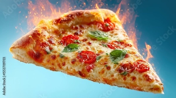 Obraz Flaming pizza slice with tomatoes and basil on blue background