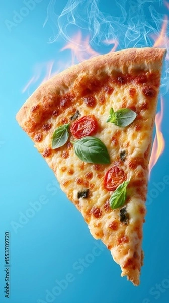 Obraz Delicious slice of margherita pizza with fresh basil and cherry tomatoes on a blue background
