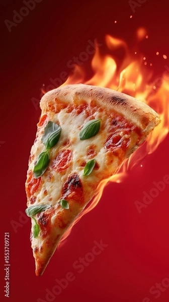 Obraz Spicy pepperoni pizza slice with flaming background and basil leaves