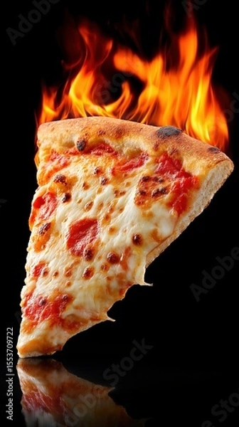 Obraz Slice of cheesy pepperoni pizza with flaming crust on black background
