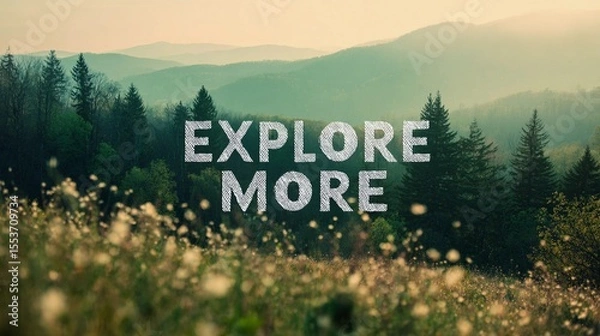 Obraz Minimalist wall art with the quote "Explore More" set over a scenic backdrop, perfect for travel blogs or promotional material.