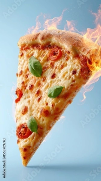 Obraz Fiery pepperoni pizza slice with fresh basil on blue background