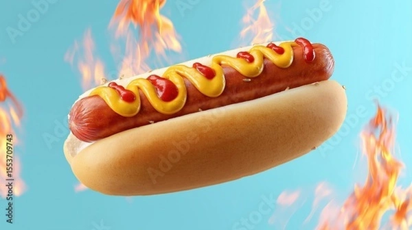Obraz Grilled hot dog with mustard and ketchup on a bun with fiery flames