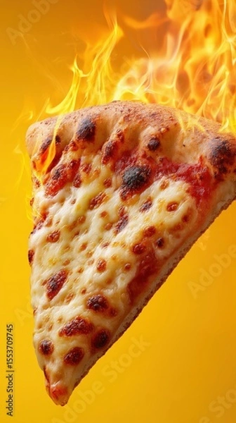 Obraz Flaming pizza slice against yellow background