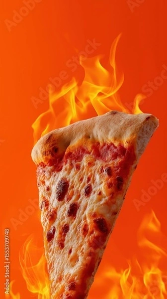 Obraz Slice of pepperoni pizza against fiery orange background with flames