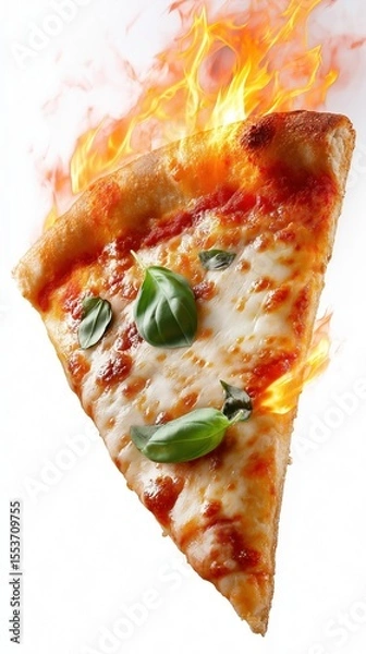 Obraz Flaming hot pizza slice with basil and melting cheese on fire