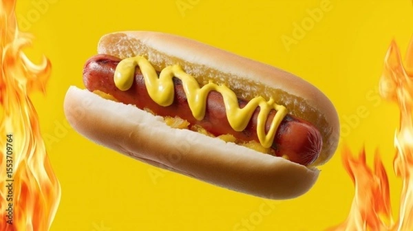 Obraz Grilled hot dog with mustard on yellow background with flames