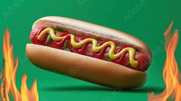 Obraz Hot dog with mustard and ketchup on green background with flames