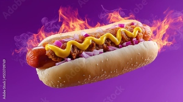 Obraz Flaming chili cheese hot dog with onions on purple background