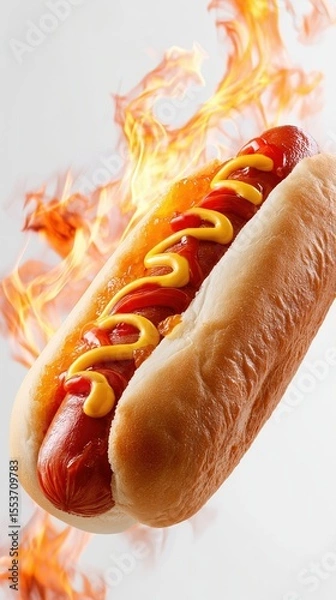 Obraz Flying hot dog with mustard and ketchup on fiery background