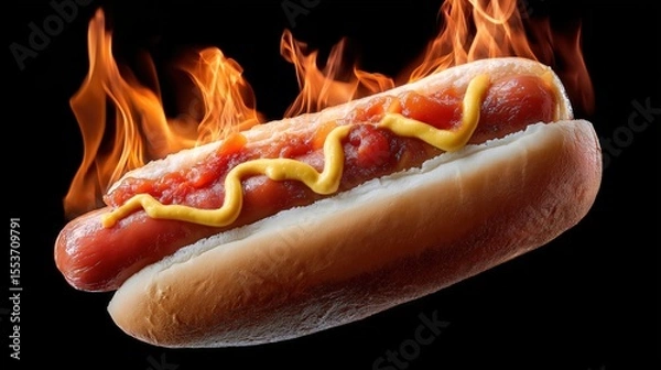 Obraz Fiery hotdog with mustard and ketchup set against black background