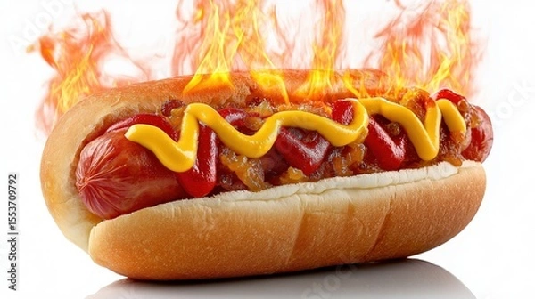 Obraz Close-up of delicious hot dog with flaming toppings and mustard drizzle