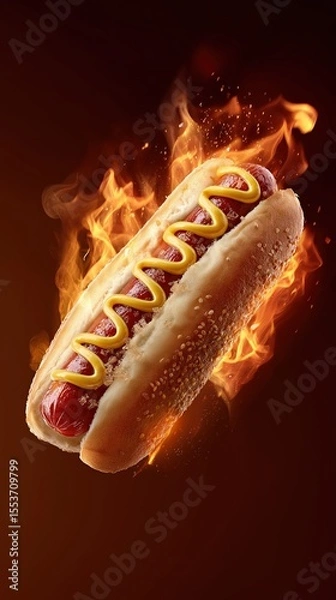 Obraz Fiery hot dog with mustard and ketchup on a flaming background