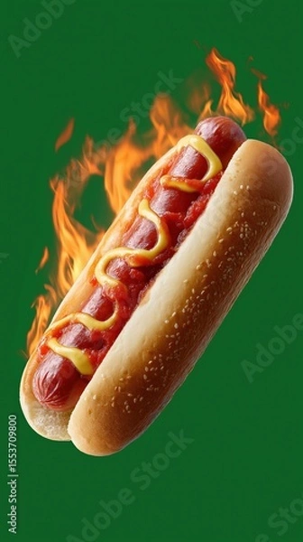 Obraz Flaming hot dog with ketchup and mustard on green background