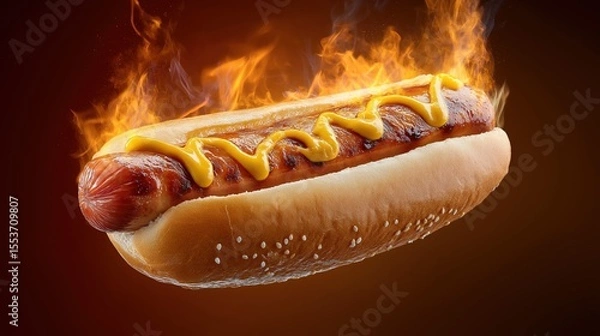Obraz Flaming grilled hot dog with mustard on a bun against dark background