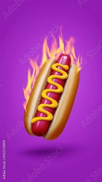 Obraz Fiery hot dog with mustard and flames on vibrant purple background