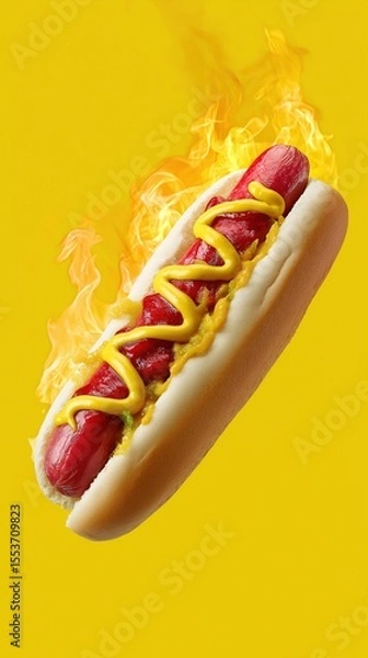 Obraz Hot dog with mustard and ketchup on fire with yellow background