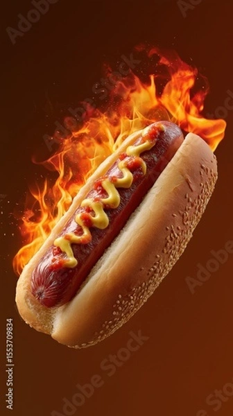 Obraz Spicy flaming hot dog with mustard and ketchup on a sesame bun