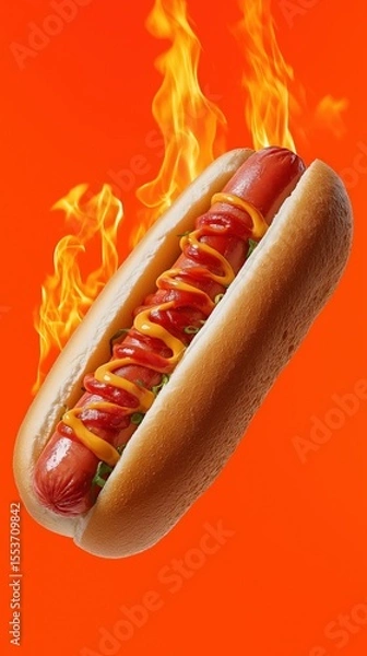 Obraz Flaming hot dog with mustard and ketchup on red background