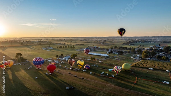 Fototapeta Colorful hot air balloons take to the sky as dawn breaks over a picturesque landscape. The balloons are part of a vibrant festival, with the sun casting a warm glow on the fields below.