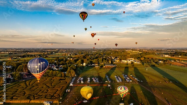 Fototapeta Numerous hot air balloons launch into the twilight sky above a rural landscape. Fields and vehicles are visible below, creating a festive atmosphere at this vibrant outdoor event.
