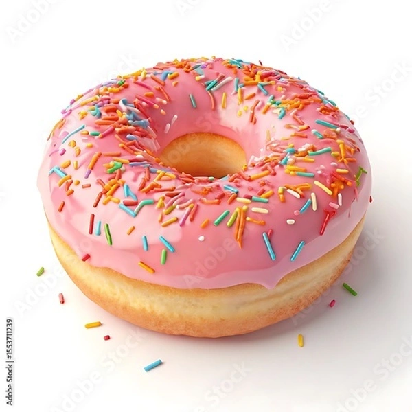 Fototapeta Delicious pink frosted donut decorated with colorful sprinkles isolated on a white background