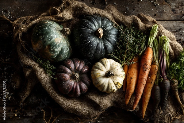 Fototapeta top view of assorted pumpkins colorful carrots and fresh herbs on rustic wooden background autumn harvest seasonal vegetables concept with burlap texture and farm style composition