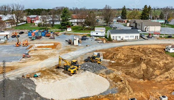 Fototapeta Heavy machinery operates on a large construction site, with earth being moved and materials arranged. Nearby buildings and green fields provide a backdrop to the ongoing development.