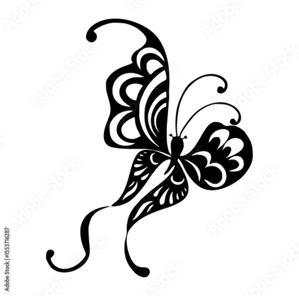 Fototapeta Butterfly Silhouette: A delicate butterfly silhouette with intricate wing patterns, rendered in striking simplicity against a stark background.